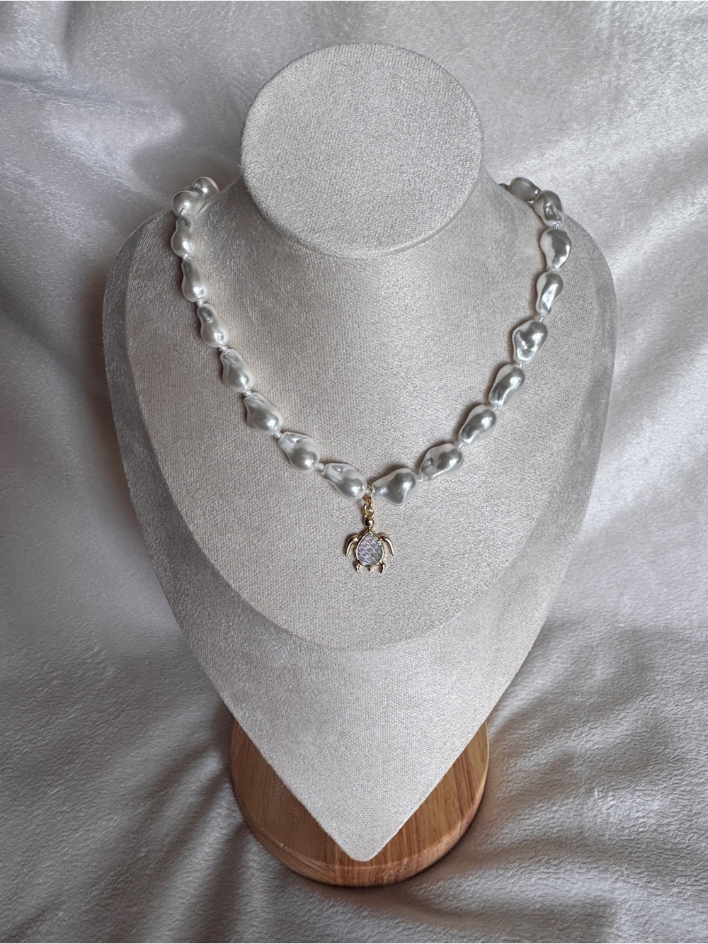 White Baroque Pearl Necklace with Gold Turtle Charm - Women Jewelry